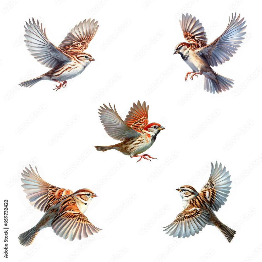 Obraz premium A set of Field Sparrows flying isolated on a white background