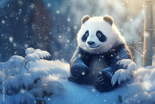 anime style scenic background, a panda in the snow photo