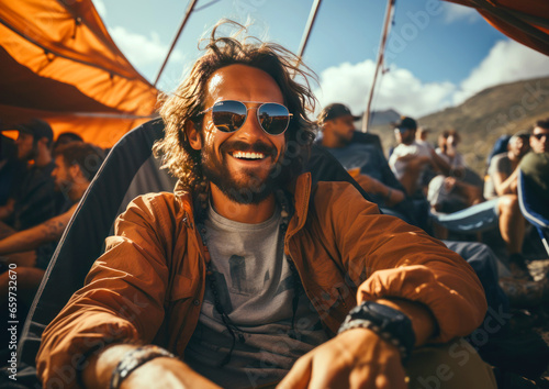 An attractive middle-aged man with a beard and wearing sunglasses sits near a tent while camping with friends