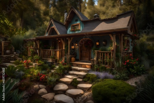 backyard casita, tiny house, hobbit faerie tale architecture, cottage - AI Generative