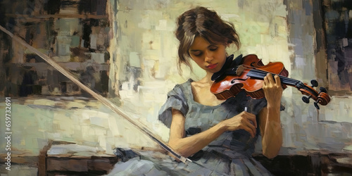 Liquid Oil Painting in Oil Mixed Style Brush Stroke of Beautiful Young Girl Play Violin Vibrant Abstract Art