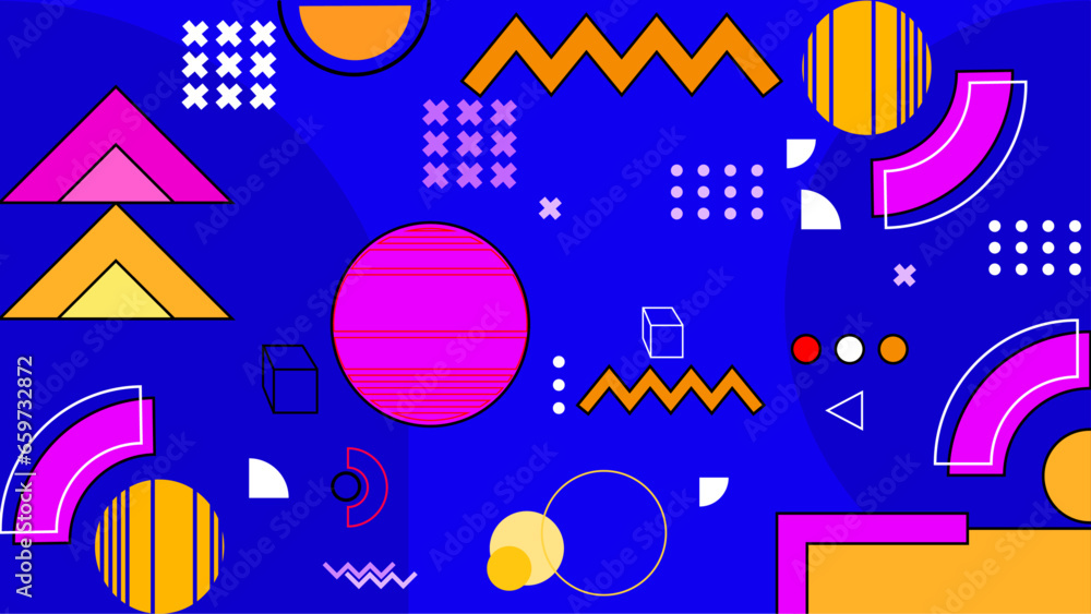 Yellow blue and purple vector flat geometric memphis background
