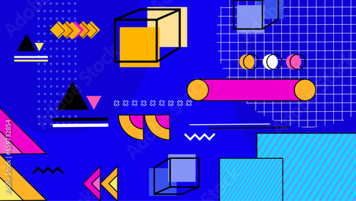 Vector abstract memphis geometric styled yellow blue and pink background