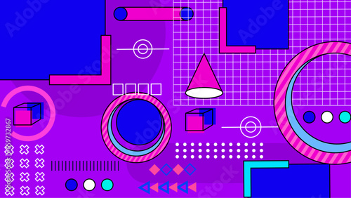 Vector abstract memphis geometric styled blue pink and purple background