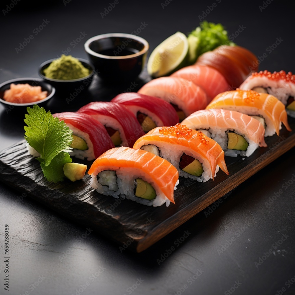 Assorted sushi nigiri with soy sauce and wasabi Assorted sushi nigiri with soy sauce and wasabi
