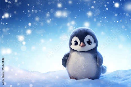 anime style scenic background, a penguin in the snow © Yoshimura