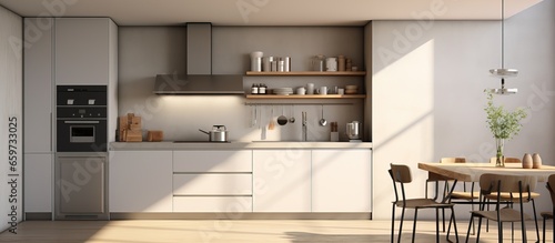 Modern kitchen rendered in three dimensions