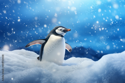 anime style scenic background, a penguin in the snow
