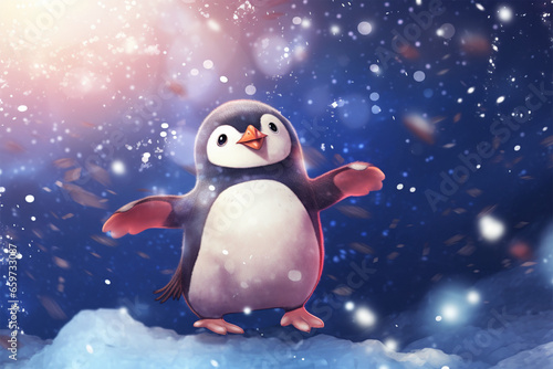 anime style scenic background, a penguin in the snow