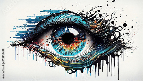 Extreme Close Up of Detailed Watercolor Splashes with Ink Outlines, 1920's Eyeball