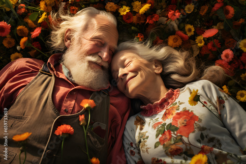 romantic senior retired couple laying in flower meadow