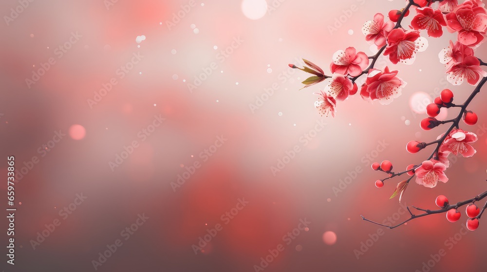 Chinese New Year Red Background with Plum Blossom and 3D Lantern Elements