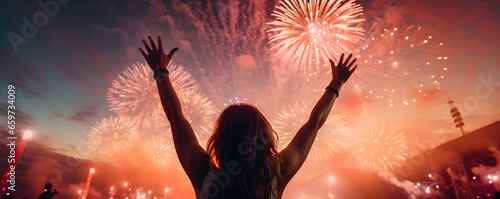 Music open air festival. Night concert with dancing and cheering audience on fireworks light background. Happy party girl with hands up celebrating evening concert