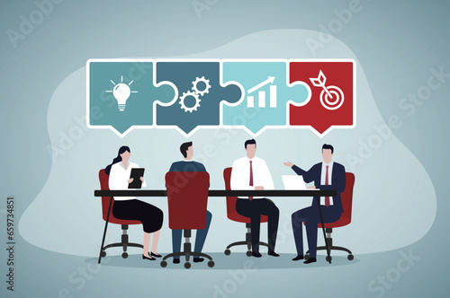 Business meeting to get target or solution with speech bubble vector. Teamwork, business strategy concept.