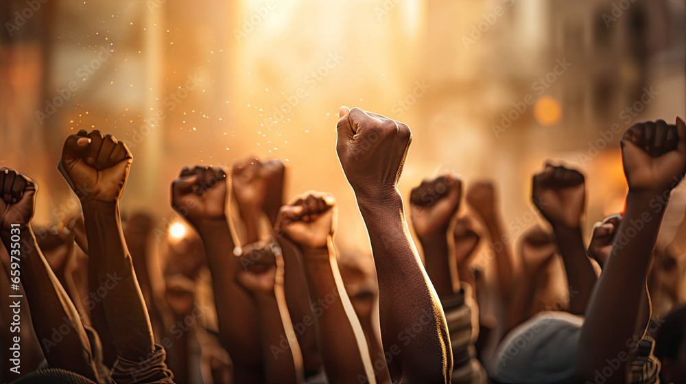 a group of people holding fists in a crowd at a protest, people holding their fists at a protest rally, Multi ethnic people raising their fists up in the air - obrazy, fototapety, plakaty 