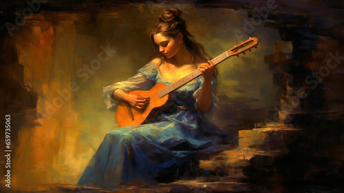 Fine Art Painting in Oil Mixed Style Brush Stroke of Beautiful Young Girl Playing a Guitar Vibrant Abstract Art