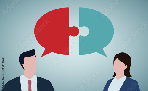Success communicate, discussion or interview, achieve business agreement, solution or partnership deal, perfect match connection concept.