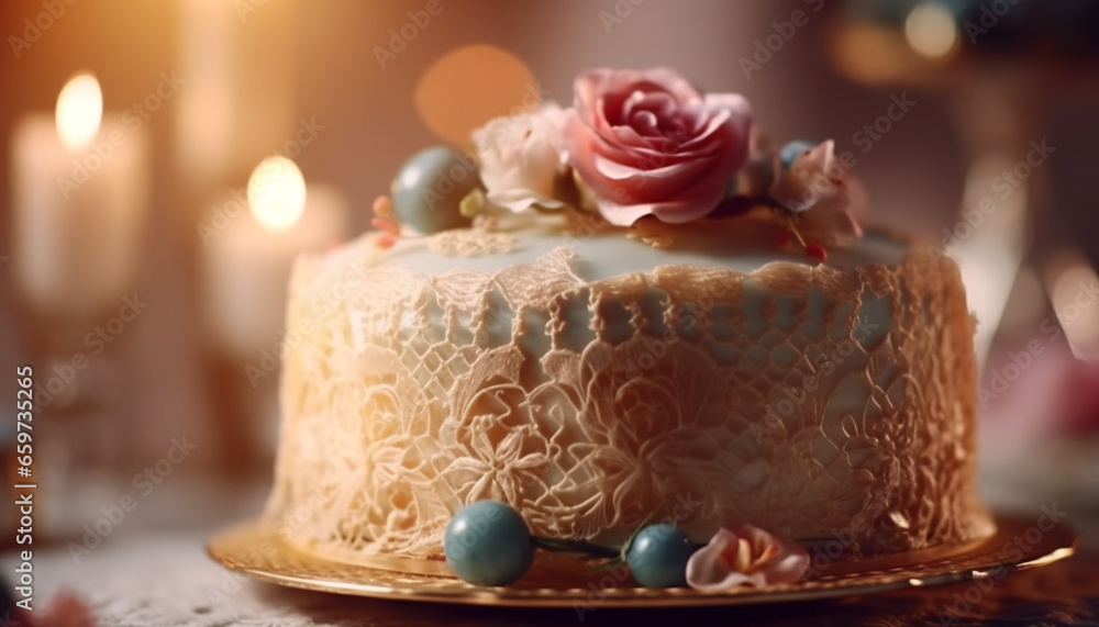 Fototapeta premium Homemade wedding cake with fresh fruit and ornate decoration generated by AI