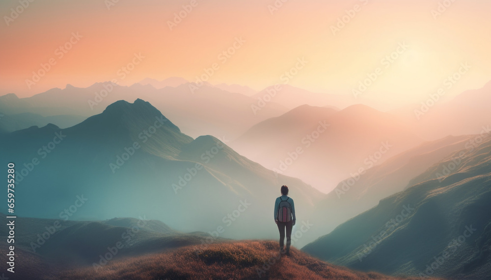 Silhouette of one person standing on mountain peak at sunrise generated by AI