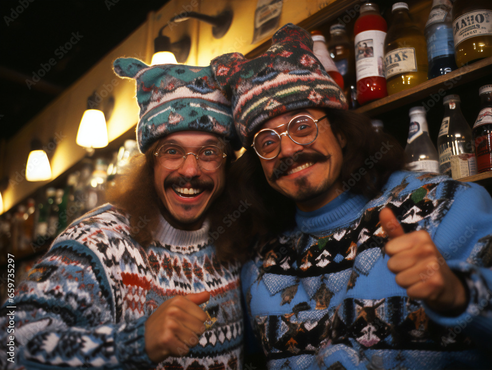 Two men in ugly holiday sweaters, vintage-looking photograph