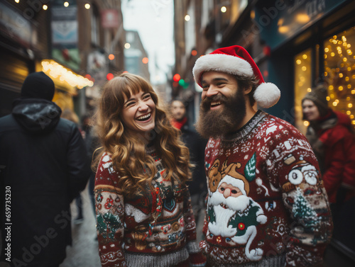 A couple looking at laughing at their ugly Holiday sweaters