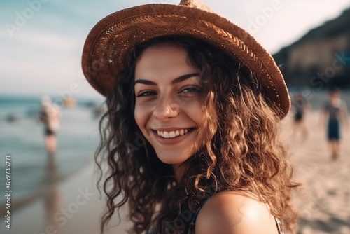 Happy woman in straw hat looking at camera