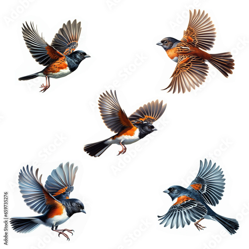 A set of male and female Eastern Towhees flying isolated on a white background