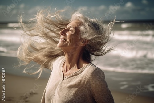 Dreamy woman with flying hair on beach