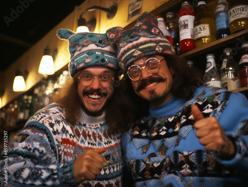 Two men in ugly holiday sweaters, vintage-looking photograph