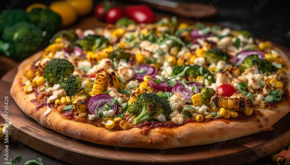 Healthy homemade vegetarian pizza with fresh mozzarella and vegetables baked rustic generated by AI Healthy homemade vegetarian pizza with fresh mozzarella and vegetables baked rustic generated by AI