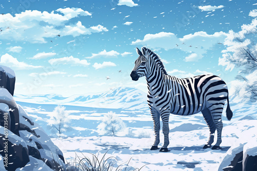 anime style scenic background  a zebra in the snow