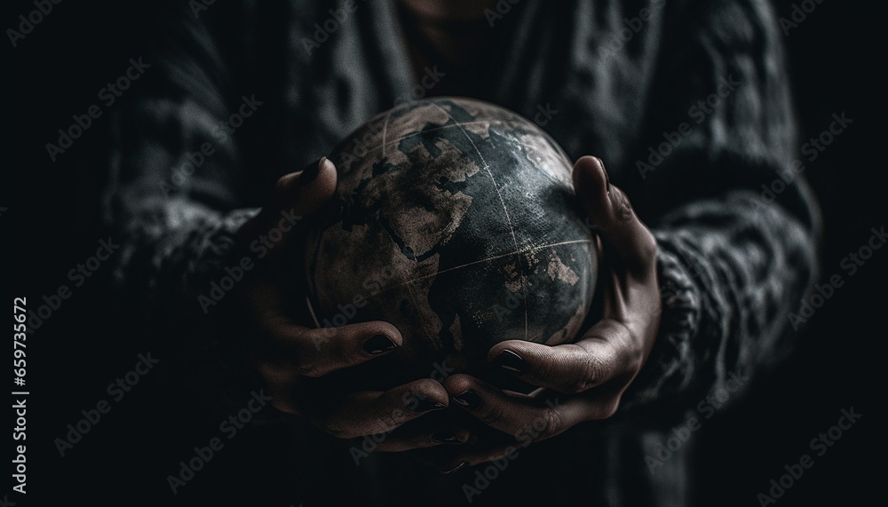 One person holding globe, navigating global business and environmental conservation generated by AI One person holding globe, navigating global business and environmental conservation generated by AI