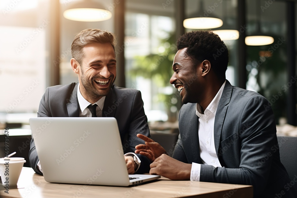 Technology-savvy men having a focused conversation in an office environment, strategizing and sharing insights to optimize their technological endeavors