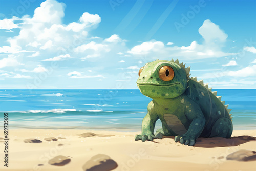 anime style scenery background, an iguana on the beach © Yoshimura