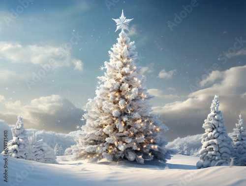 A Christmas tree in a snowy landscape with a mountain in the distance
