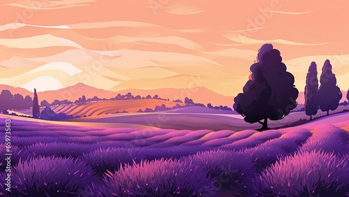 Lavender Field Landscape Wallpaper Illustration © Mr
