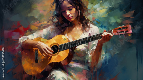 Antique Colorful Liquid Art Watercolor Illustration of Lady Guitarist Playing Guitar on Canvas