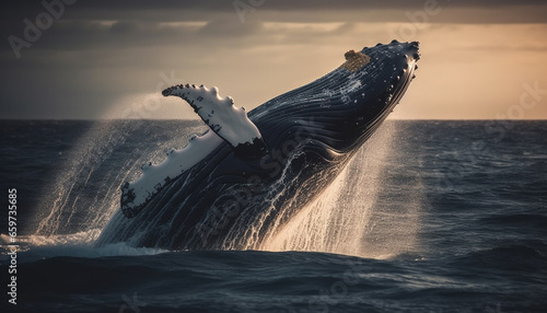 Majestic humpback breaches, spraying water in the blue seascape generated by AI © Stockgiu