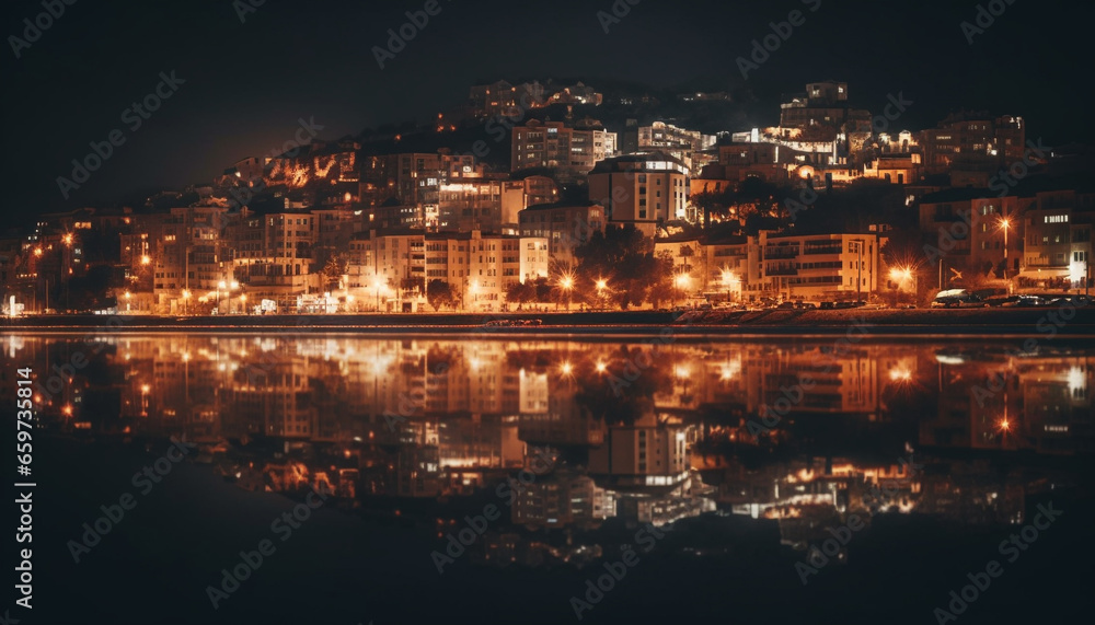 The illuminated city skyline reflects on the water at dusk generated by AI