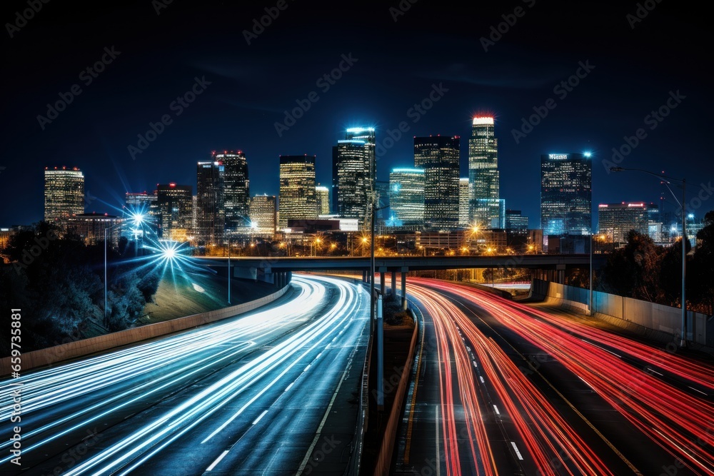 Night city long exposure photography. Generative AI.