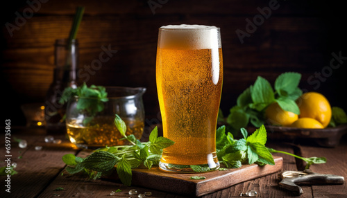 A frothy pint of cold beer on a rustic wooden table generated by AI
