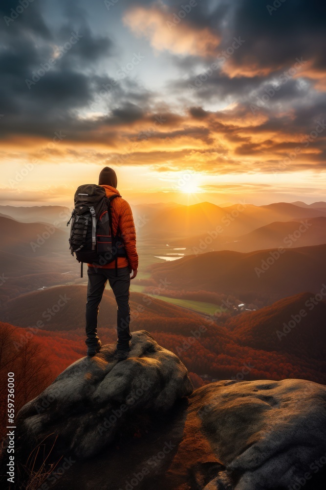 A lonely man enjoys the view of the mountains while he standing on a mountain peak at sunset. Vertical photo. Hiking and digital detox concept. Contemplation of nature alone with your thoughts.
