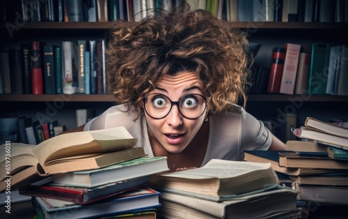 A school teacher woman wearing glasses with books