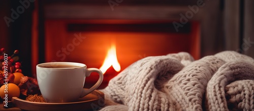 Mug of hot tea in cozy living room with fireplace on a chair with blanket