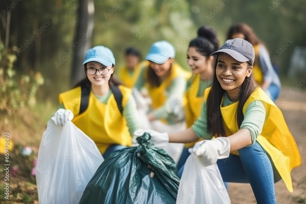 Fototapeta premium Photo of a multiethnic group of young volunteers in the process of cleaning up trash from a national park. They put the garbage into bags for removal for recycling.
