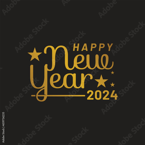 Happy New Year 2024 Logo. Abstract Hand drawn creative calligraphy vector logo design. 2024 New year Logo