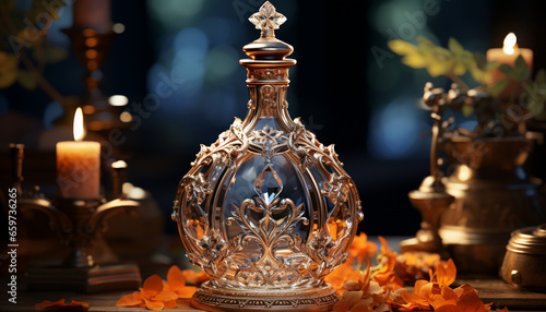 Candlelight illuminates antique elegance, ornate decoration, and spirituality indoors generated by AI