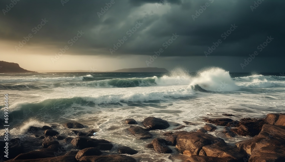 Dramatic sky and crashing waves awe at waters edge travel destination generated by AI