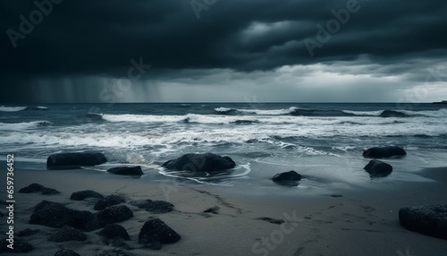 Dramatic sky and breaking waves create ominous, moody seascape beauty generated by AI