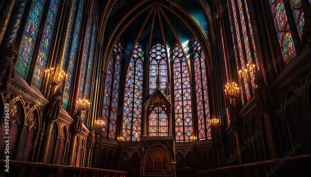 Inside the gothic cathedral, stained glass illuminates the majestic altar generated by AI